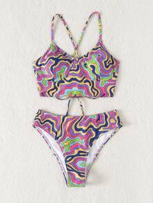 Random Allover Print Lace-Up Back Underwire Bikini Set Summer Beach - Multicolor - View 4