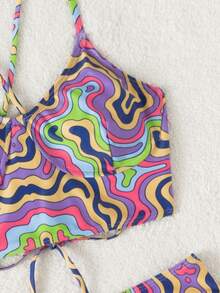 Random Allover Print Lace-Up Back Underwire Bikini Set Summer Beach - Multicolor - View 5