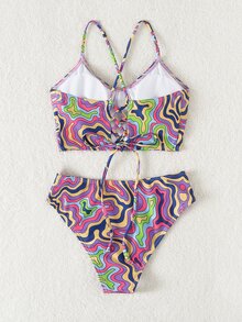 Random Allover Print Lace-Up Back Underwire Bikini Set Summer Beach - Multicolor - View 7