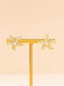 Faux Pearl Decor Starfish Design Stud Earrings - Vàng - Xem 4