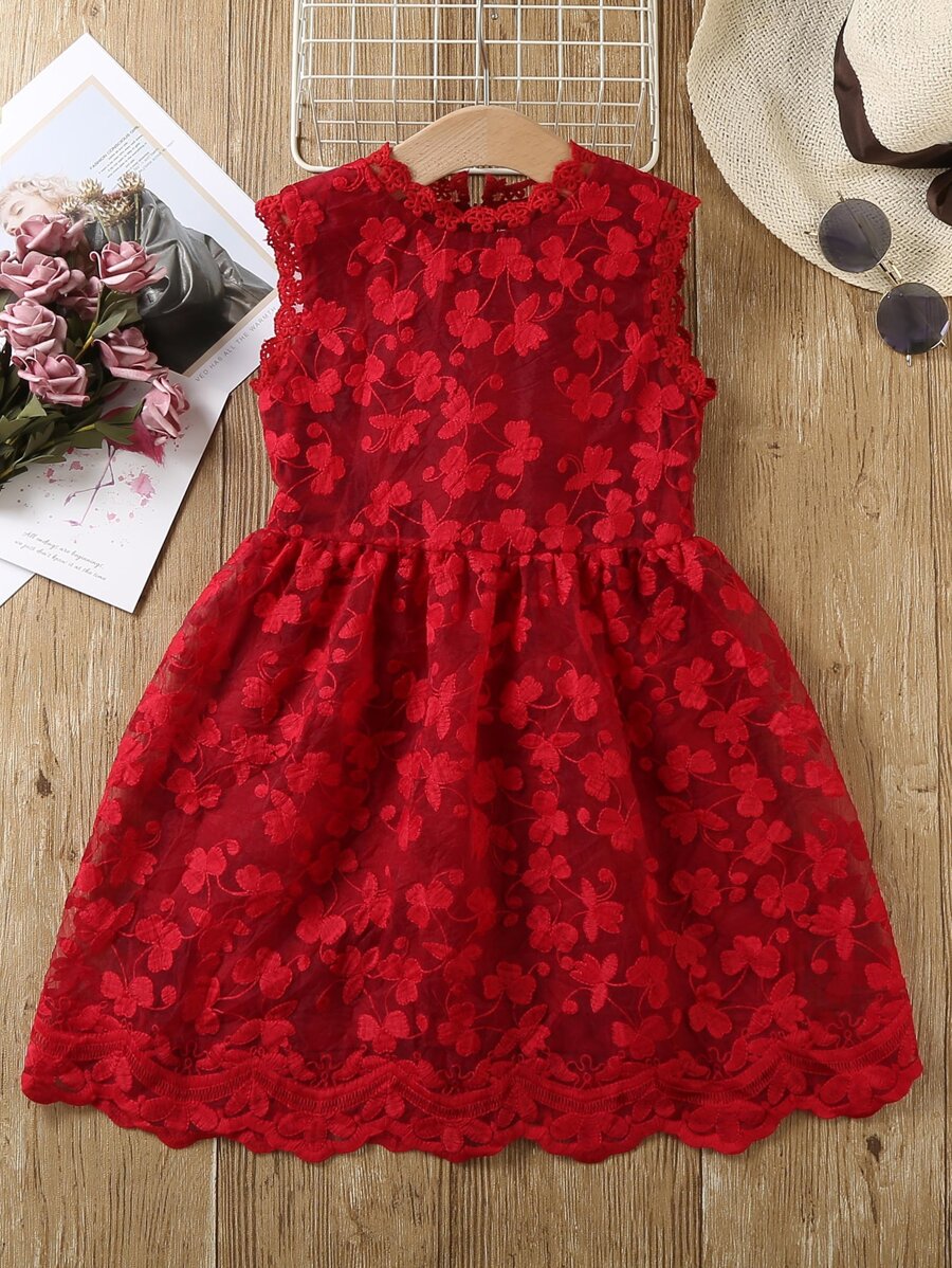 SHEIN 年輕女孩無袖紅色蕾絲連衣裙，背部拉鍊設計