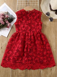 SHEIN 年輕女孩無袖紅色蕾絲連衣裙，背部拉鍊設計