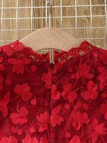 SHEIN 年輕女孩無袖紅色蕾絲連衣裙，背部拉鍊設計