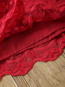 SHEIN 年輕女孩無袖紅色蕾絲連衣裙，背部拉鍊設計