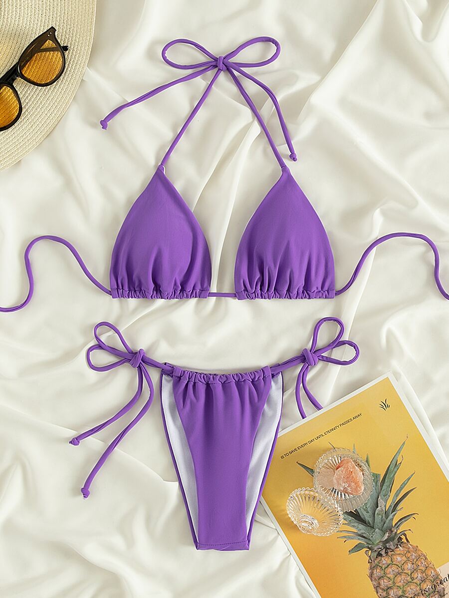 Swim Mod Summer Beach Tie Side Triangle Bikini - Purple - View 1
