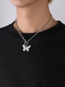 Men Butterfly Pendant Necklace - Silver - View 1