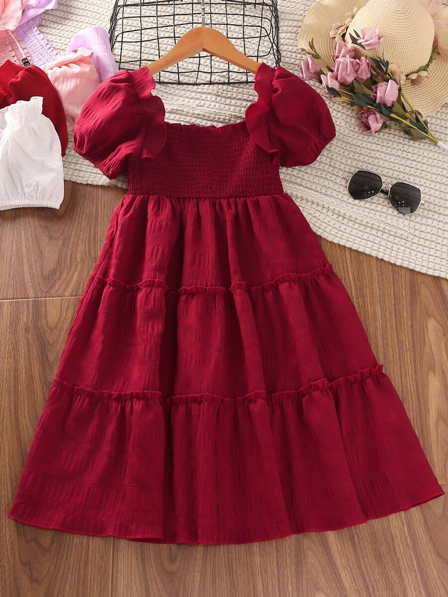 Niñas Vestido con fruncido de manga farol bajo con fruncido - Burdeos - Ver 1