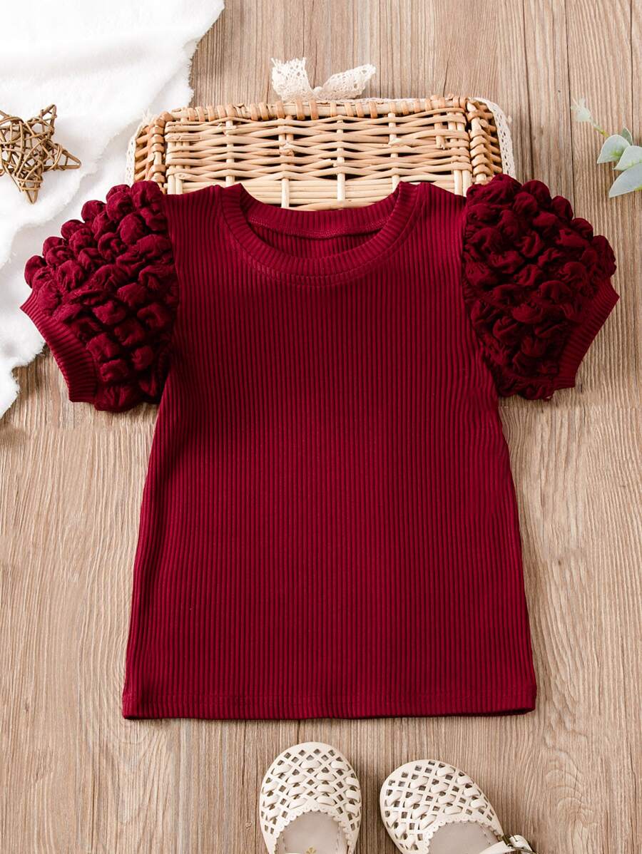 Niñitas Camiseta tejida de canalé de manga farol - Burdeos - Ver 1