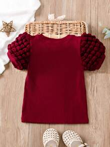 Niñitas Camiseta tejida de canalé de manga farol - Burdeos - Ver 2