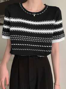 幾何学模様 ニットトップス - ブラック - チェックする 3