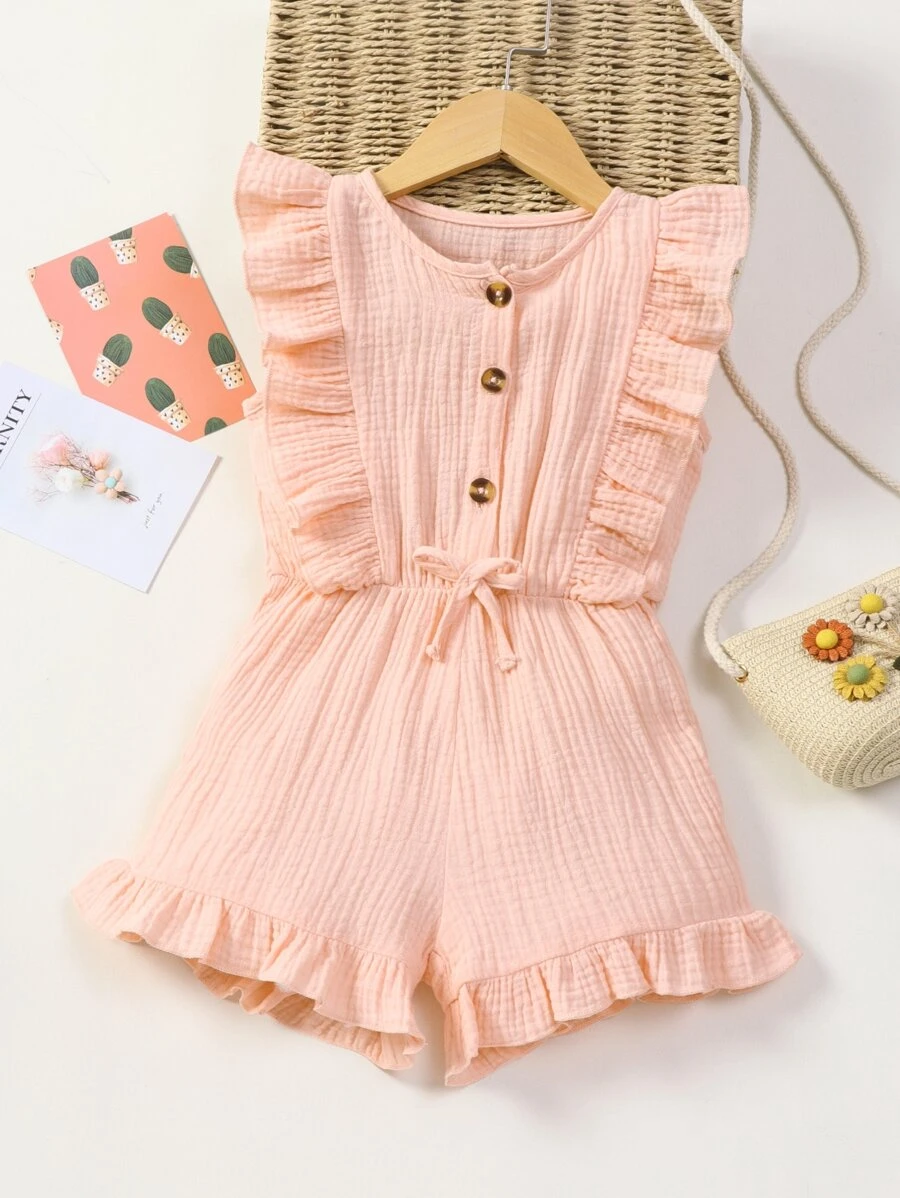 SHEIN 小女童荷葉邊打結前紐扣連身短褲 - 淺粉色 - 查看 1