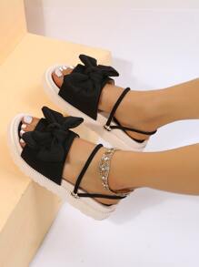 蝴蝶結裝飾厚底露跟涼鞋 - 黑色 - 查看 5