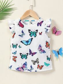 SHEIN Niñitas Blusa con estampado de mariposa ribete con fruncido - Blanco - Ver 1