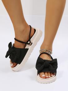 蝴蝶結裝飾厚底露跟涼鞋 - 黑色 - 查看 6