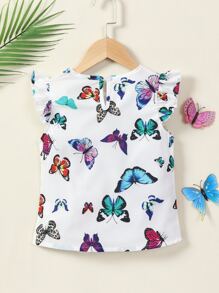 SHEIN Niñitas Blusa con estampado de mariposa ribete con fruncido - Blanco - Ver 2