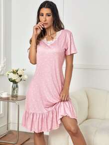 Vestido para dormir con estampado de lunares con encaje en contraste bajo con fruncido - Rosa - Ver 1