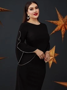 Modelyn Plus Contrast Binding Trumpet Sleeve Slit Back Dress - Black - View 3