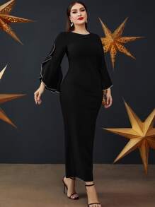 Modelyn Plus Contrast Binding Trumpet Sleeve Slit Back Dress - Black - View 4