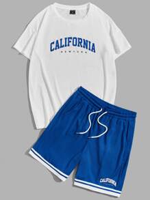 Manfinity VCAY Loose Fit Men's Letter Graphic T-Shirt & Striped Print Shorts Set - Blue and White - View 1