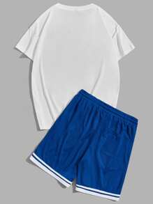 Manfinity VCAY Loose Fit Men's Letter Graphic T-Shirt & Striped Print Shorts Set - Blue and White - View 2