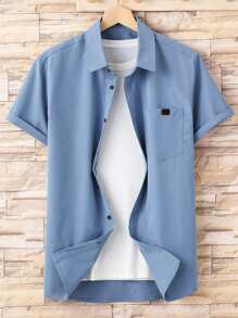 Manfinity Homme Men Letter Patched Detail Pocket Front Shirt Without Tee - Dusty Blue - View 1