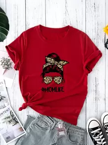 SHEIN LUNE Áo thun nữ Con số Lá thư Giải trí - Đỏ - Xem 1