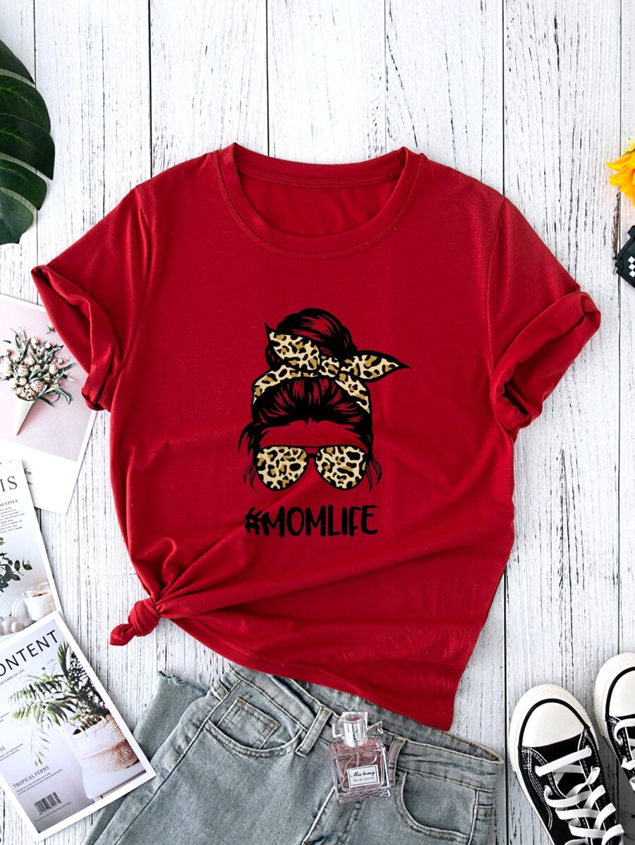 SHEIN LUNE Áo thun nữ Con số Lá thư Giải trí - Đỏ - Xem 1