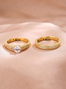 2入組方晶鋯石永恆戒指精緻珠寶派對婚禮訂婚裝飾女式女孩禮物 - 金黃色 - 查看 3