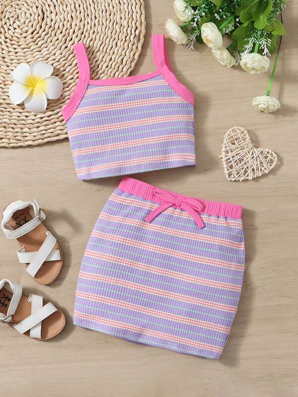 SHEIN Young Girl Colorful Striped Cami Top & Tie Front Skirt