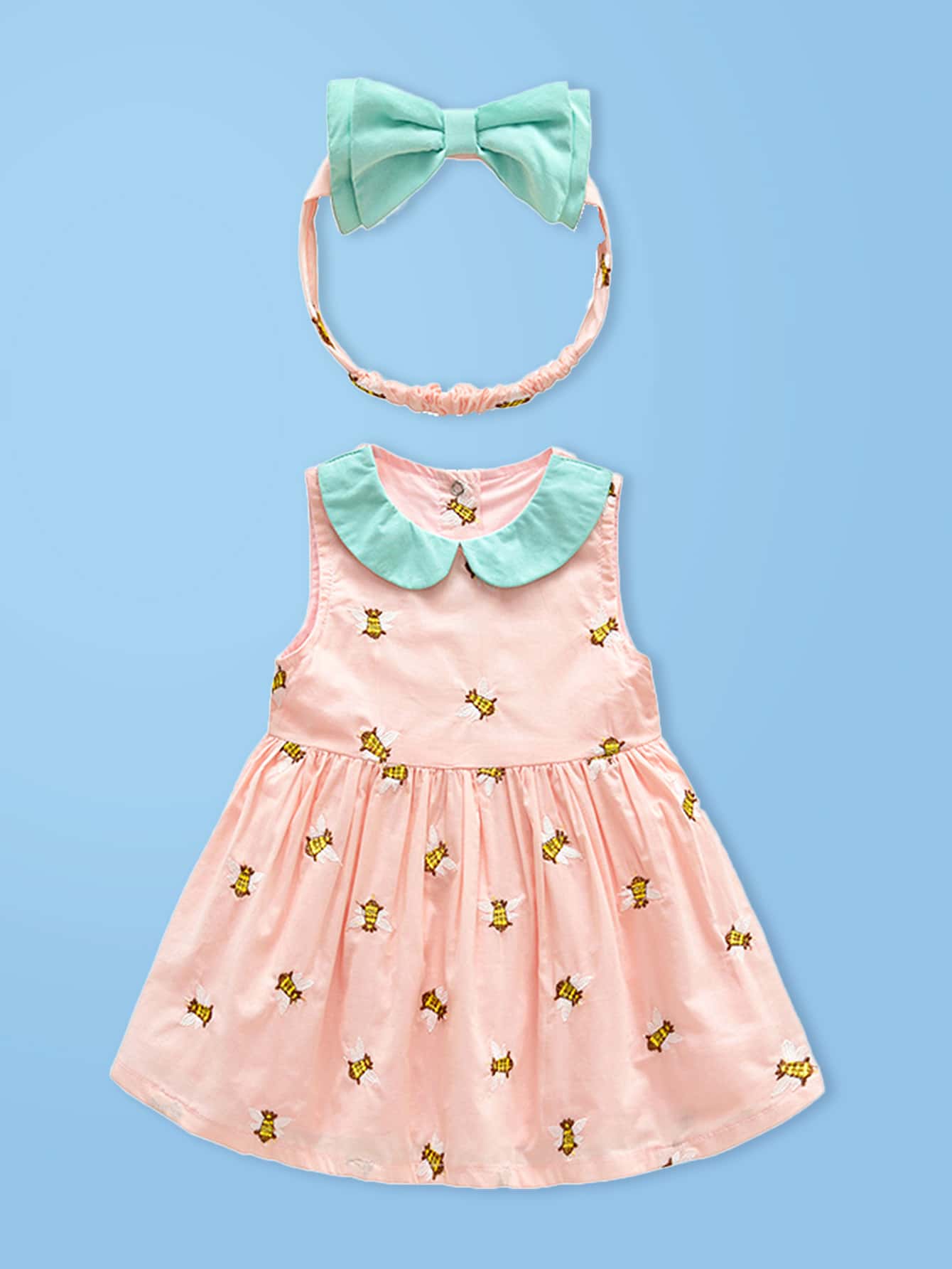 Đầm em bé Nút Tương phản ren Nghề thêu Thú vật Dễ thương - Màu Hồng baby - Xem 1