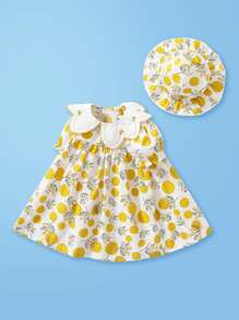 Bebê Menina Amarelo De Bolinhas Floral Gola Pétala Manga Bufante Vestido - Multicolorido - Ver 1