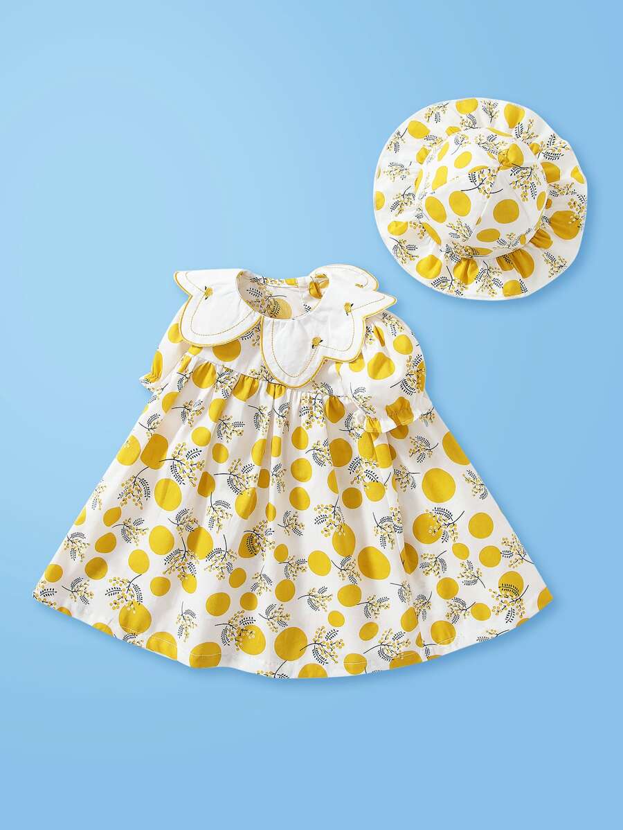 Bebê Menina Amarelo De Bolinhas Floral Gola Pétala Manga Bufante Vestido - Multicolorido - Ver 1