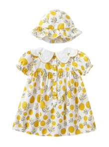Bebê Menina Amarelo De Bolinhas Floral Gola Pétala Manga Bufante Vestido - Multicolorido - Ver 2