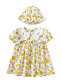 Bebê Menina Amarelo De Bolinhas Floral Gola Pétala Manga Bufante Vestido - Multicolorido - Ver 3
