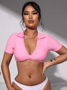 Top bikini fruncido de cuello V - Rosa - Ver 1