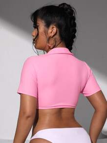 Top bikini fruncido de cuello V - Rosa - Ver 2