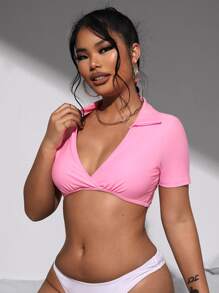 Top bikini fruncido de cuello V - Rosa - Ver 4