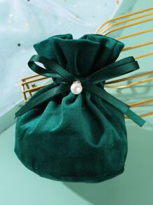1pc Faux Pearl Decor Gift Bag, Green Pink Red Polyester Drawstring Bag For Holiday Party, Gift Packaging Bag Suitable For Packaging Watches, Jewelry, Accessories, Especially Suitable For Festivals Or Wedding Party - Green - View 8