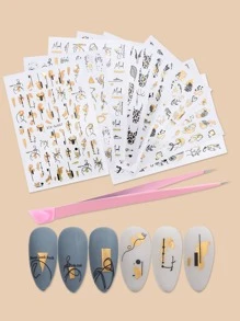 8 miếng dán móng tay in dòng trừu tượng và 1 nhíp - Nhiều màu - Xem 1