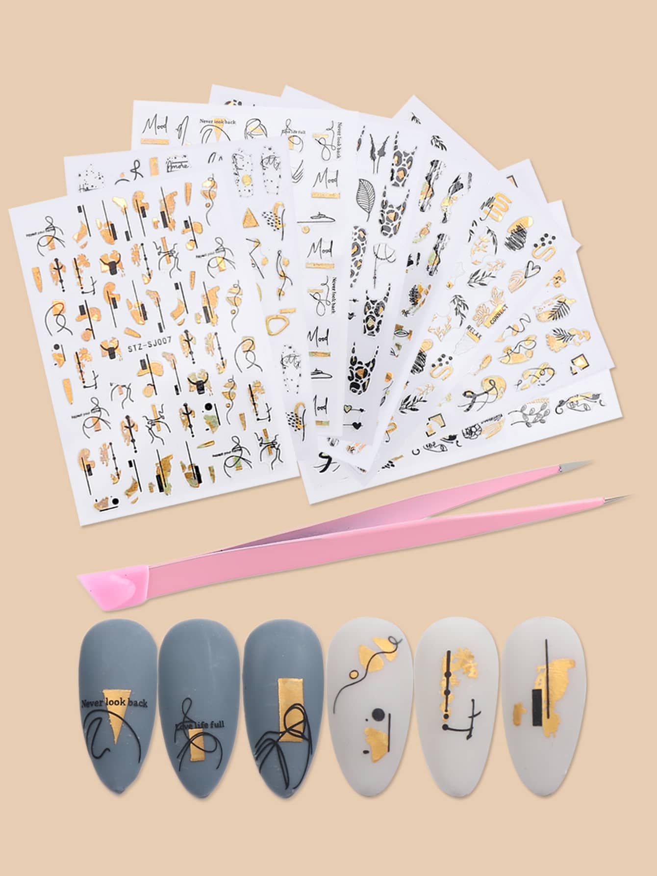 8 miếng dán móng tay in dòng trừu tượng và 1 nhíp - Nhiều màu - Xem 1