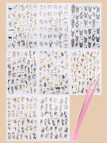 8 miếng dán móng tay in dòng trừu tượng và 1 nhíp - Nhiều màu - Xem 2