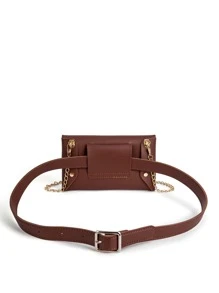 鏈條裝飾翻蓋腰包 - 巧克力棕 - 查看 3