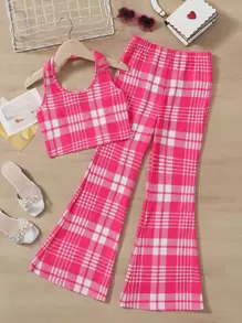 SHEIN Girls Plaid Halter Top & Flare Leg Trousers - Pink - View 1