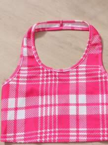 SHEIN Girls Plaid Halter Top & Flare Leg Trousers - Pink - View 3