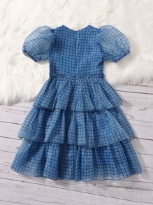SHEIN 女孩格紋泡泡袖多層下擺歐根紗洋裝