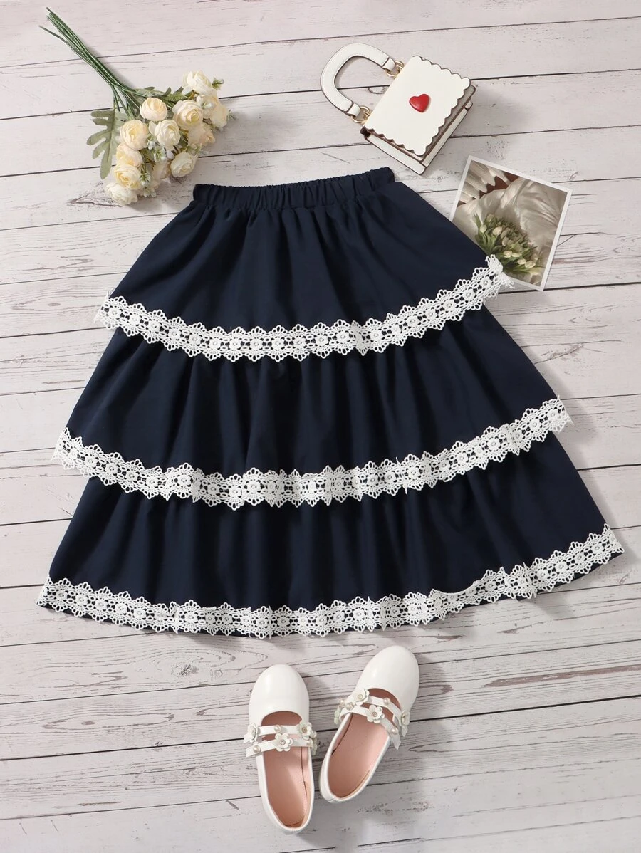 SHEIN Váy Gái Tương phản ren Khối Màu Boho - Màu xanh hải quân - Xem 1
