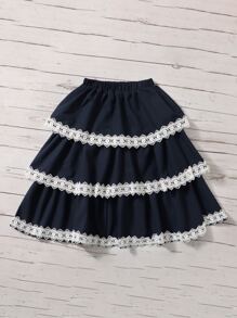 SHEIN Váy Gái Tương phản ren Khối Màu Boho - Màu xanh hải quân - Xem 2