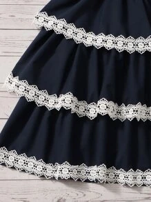 SHEIN Váy Gái Tương phản ren Khối Màu Boho - Màu xanh hải quân - Xem 4