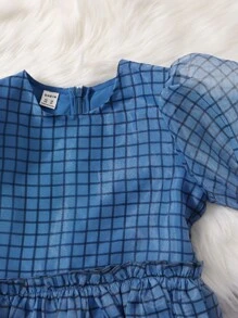SHEIN 女孩格紋泡泡袖多層下擺歐根紗洋裝