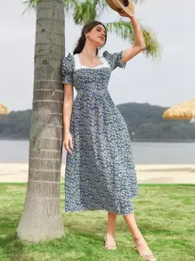 Mulvari Ditsy Floral Puff Sleeve Contrast Lace Square Neck Dress - Multicolor - View 1